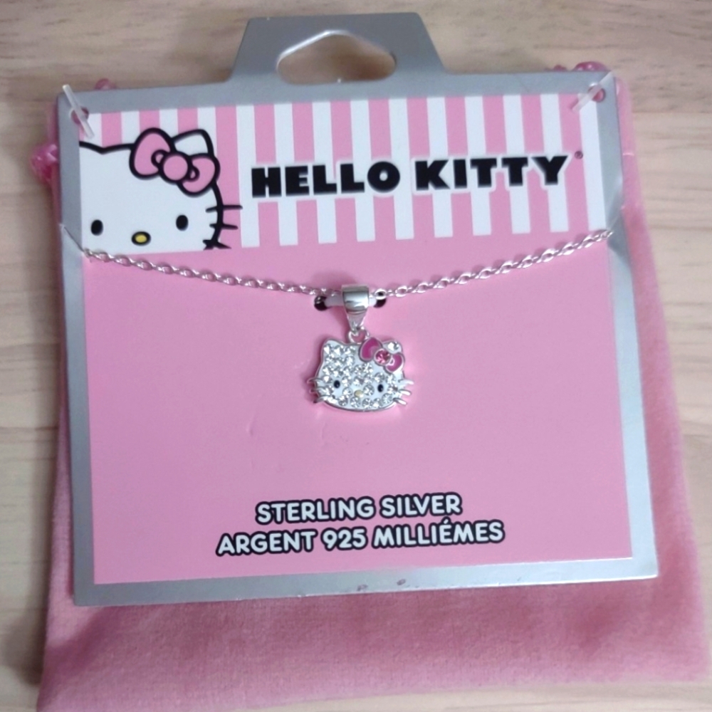 Hello Kitty Sterling Silver Crystal Charm Necklace Sanrio Kawaii Y2K Bling